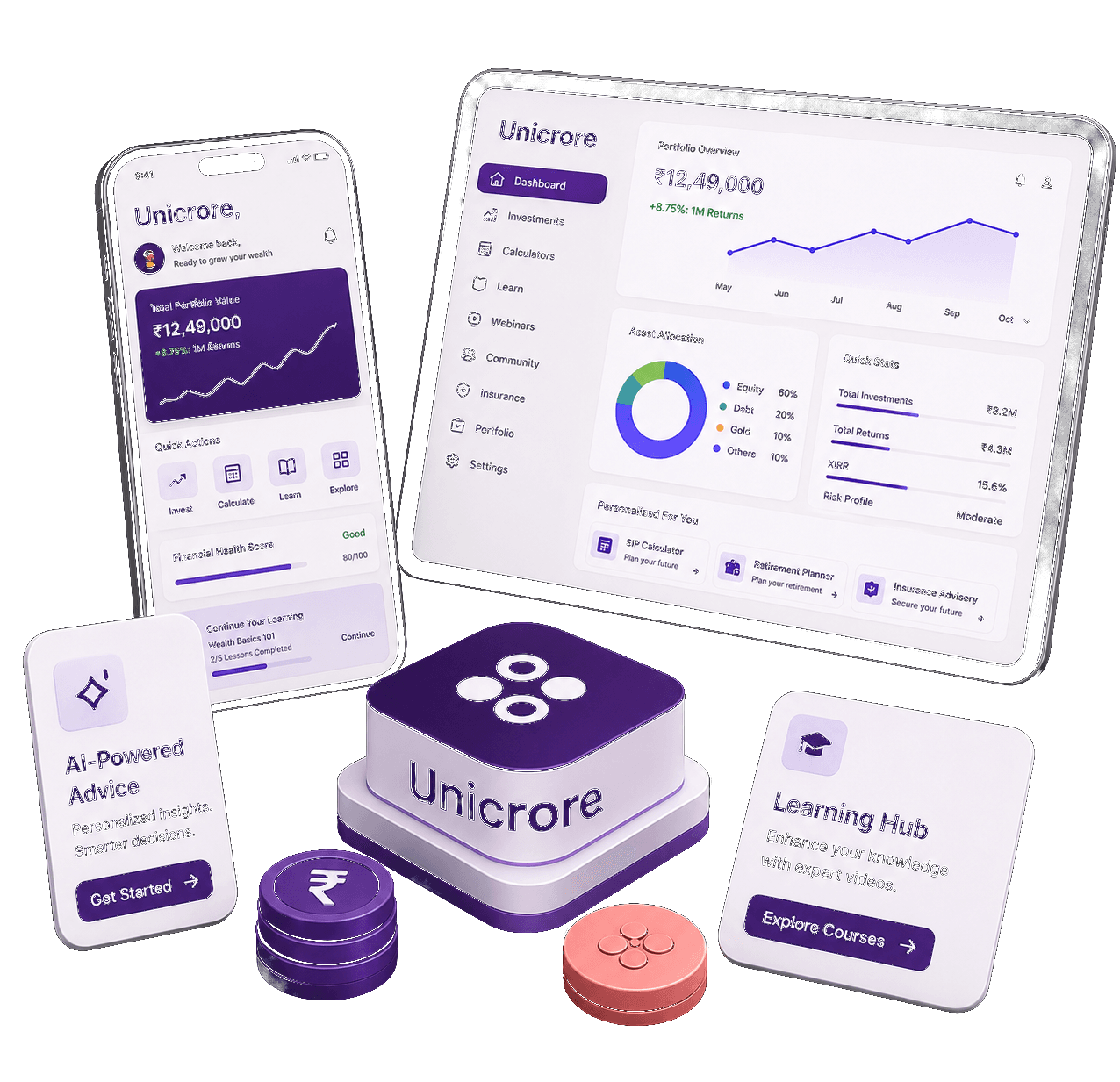 Unicrore platform shown on phone and tablet with AI advice, learning and rewards